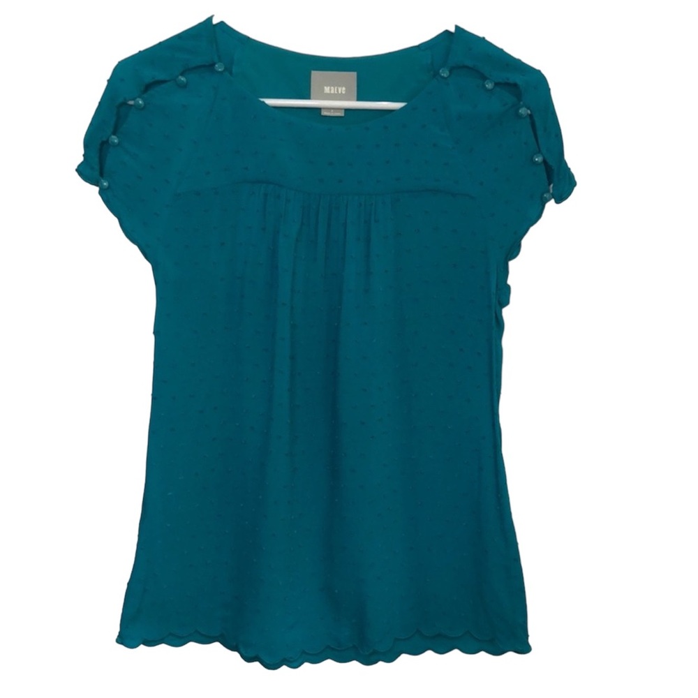 ANTHROPOLOGIE MAEVE Teal blouse Swiss dot design button design short sleeve top